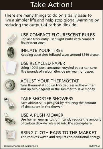 graphic listing ways to live a simpler life and help stop global warming by reducing the output of carbon dioxide