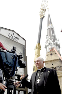 Bishop Morlino speaking to press
